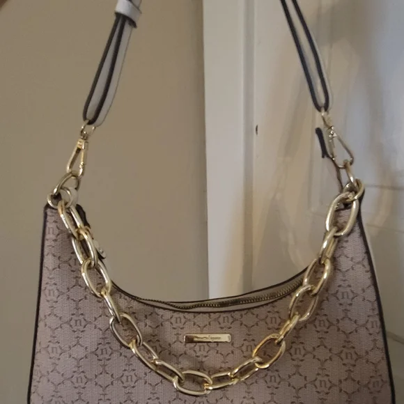 Nanette Lepore Monogram Shoulder Bag – Tan/Beige with Gold Chain Detail - Picture 12 of 16